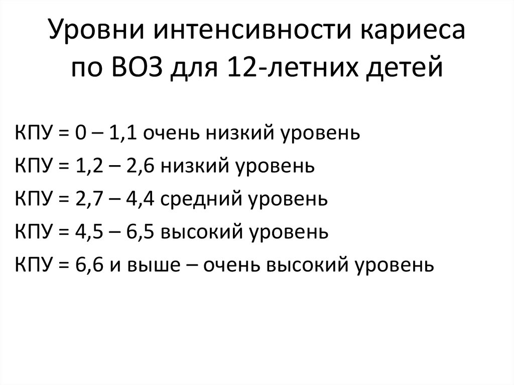 Уровень интенсивности кариеса по воз. Уровни интенсивности кариеса по критериям воз. Степени интенсивности кариеса по КПУ. Уровень распространенности кариеса по воз. Оценка активности кариеса по воз.