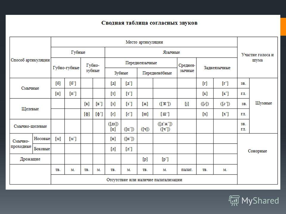 Характеристика звуков схема