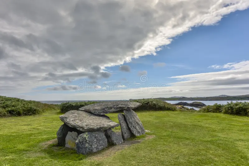 Altar Wedge Tomb - wedge-shaped gallery grave and National Monument of late Neolithic and early Broze Age, Tormore Bay, County Cor royalty free stock image