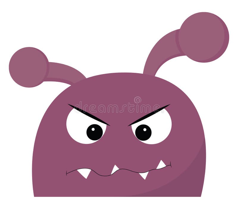 Angry purple monster with horn, vector or color illustration. A purple angry monster with horn, crossed-eyed, teeth exposed, mouth closed, vector, color drawing stock illustration