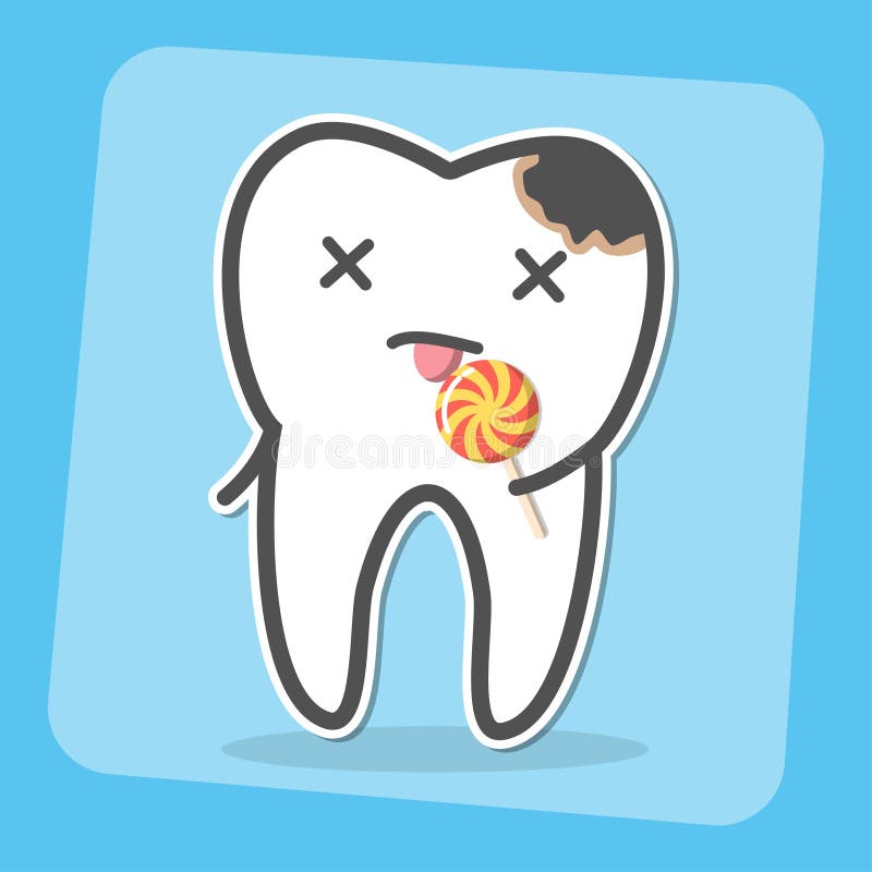 Bad tooth with caries cavity and lollipop. Sweets provoke dental caries concept. Vector illustration royalty free illustration