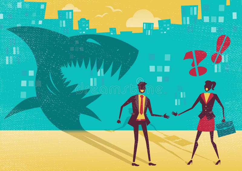 Businessman is really a Shark in disguise. Great illustration of a businessman who is exposed as a shark in real life by a clever businesswoman who sees right stock illustration