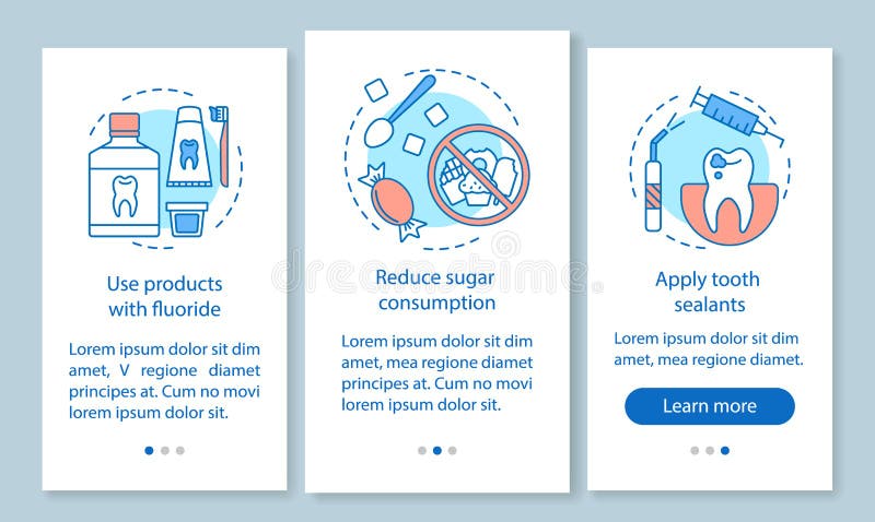 Caries prevention onboarding mobile app page screen with linear concepts. Reduce likelihood of dental disease walkthrough steps graphic instructions. UX, UI royalty free illustration