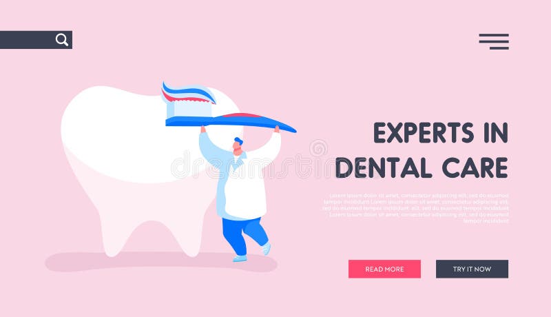 Caries Prevention and Treatment Landing Page Template. Tiny Dentist Doctor Character Care of Huge Tooth Carry Brush. With Toothpaste. Stomatology, Dentistry royalty free illustration