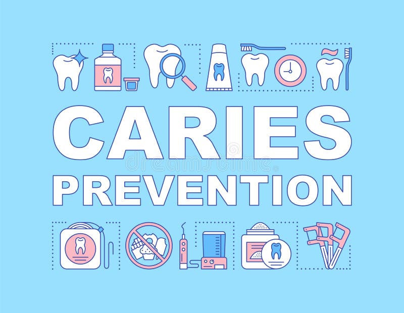 Caries prevention word concepts banner. Oral hygiene routine. Daily teeth care. Plaque removal. Presentation, website. Isolated lettering typography idea with royalty free illustration