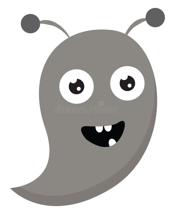 Cartoon funny grey monster with mouth wide opened and three white teeth exposed vector or color illustration. Cartoon funny grey monster with an oval-shaped body royalty free illustration