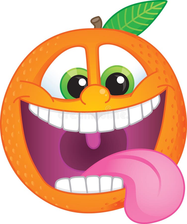 Cartoon orange. Funky orange fruit character with wide smile and teeth exposed for orange-flavored fruit candy or drink vector illustration