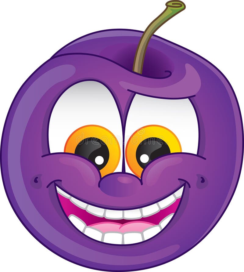 Cartoon Plum. Cute plum fruit character with wide smile and teeth exposed for plum-flavored fruit candy or drink stock illustration