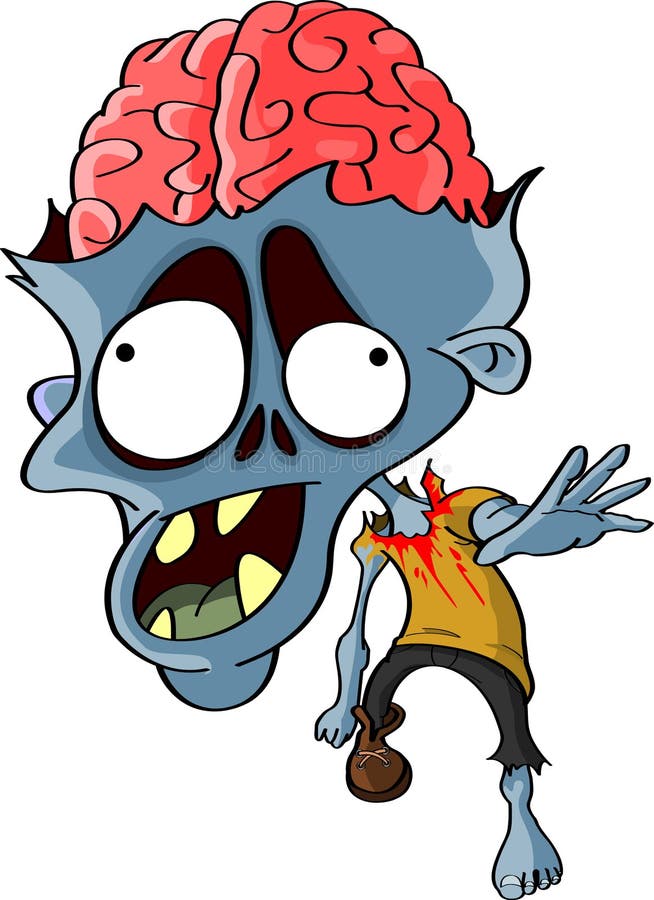 Cartoon reanimated zombie. Cartoon illustration of a reanimated zombie with the top of his skull missing and brain exposed, one of the walking dead stock illustration