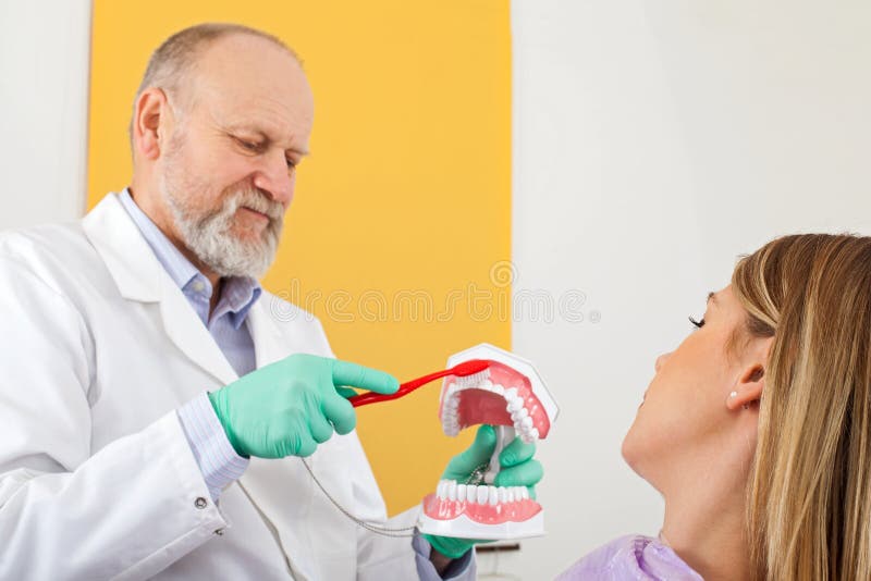 Correct method of brushing teeth. Mature male dentist showing how to brush teeth correctly to female patient stock image