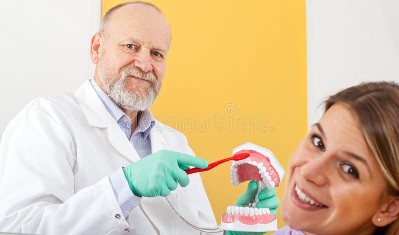 Correct method of brushing teeth. Mature male dentist showing how to brush teeth correctly to female patient royalty free stock photography