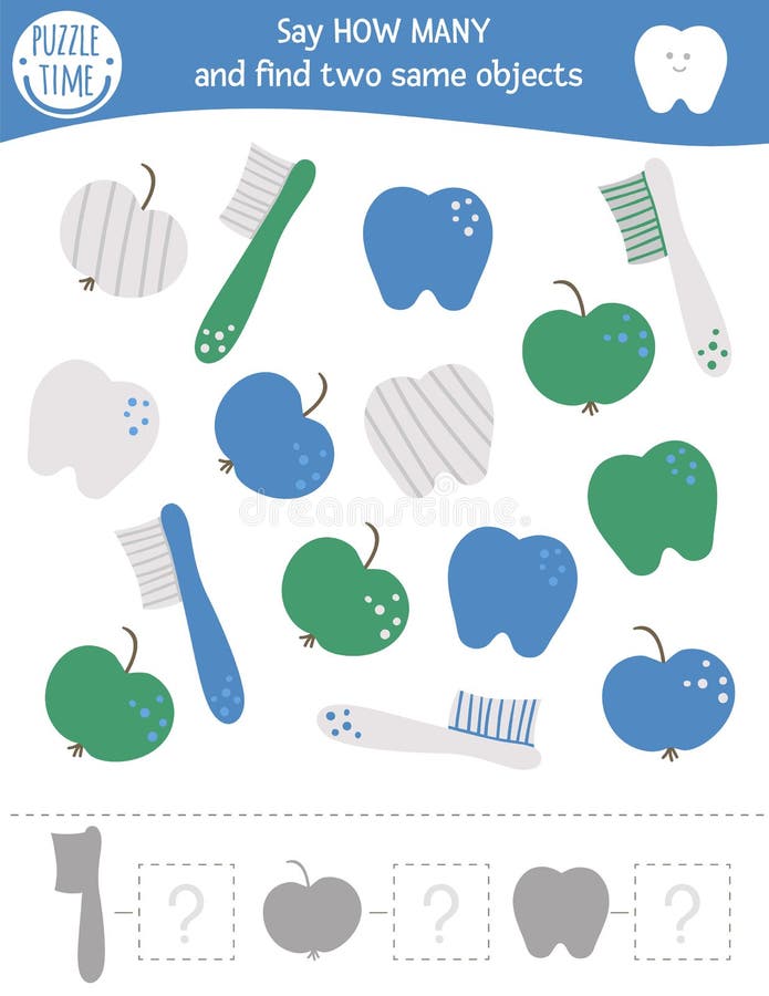 Counting game with dental care symbols. Mouth hygiene math activity for preschool children. How many objects worksheet. Educational riddle with cute funny stock illustration