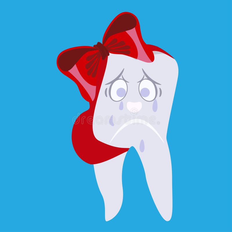 Crying kid tooth with ribbon bandage vector flat illustration. Cute cartoon crying and sad kid tooth having toothache with ribbon bandage. Vector illustration royalty free illustration