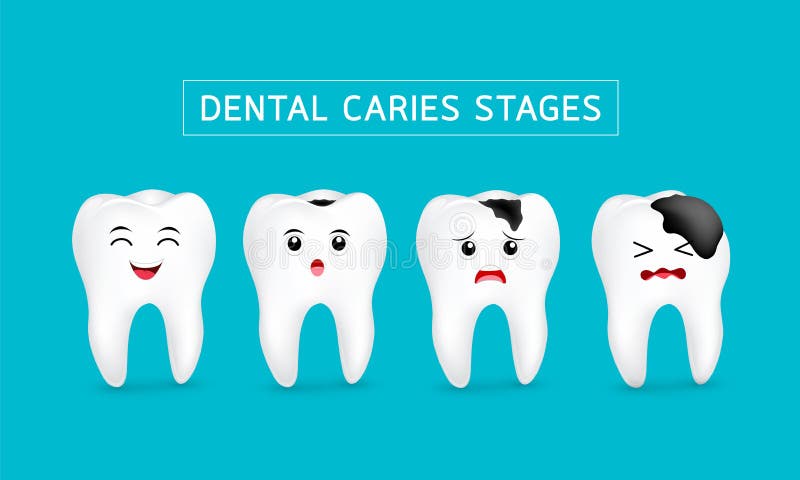 Cute cartoon tooth character show stages of caries development. vector illustration