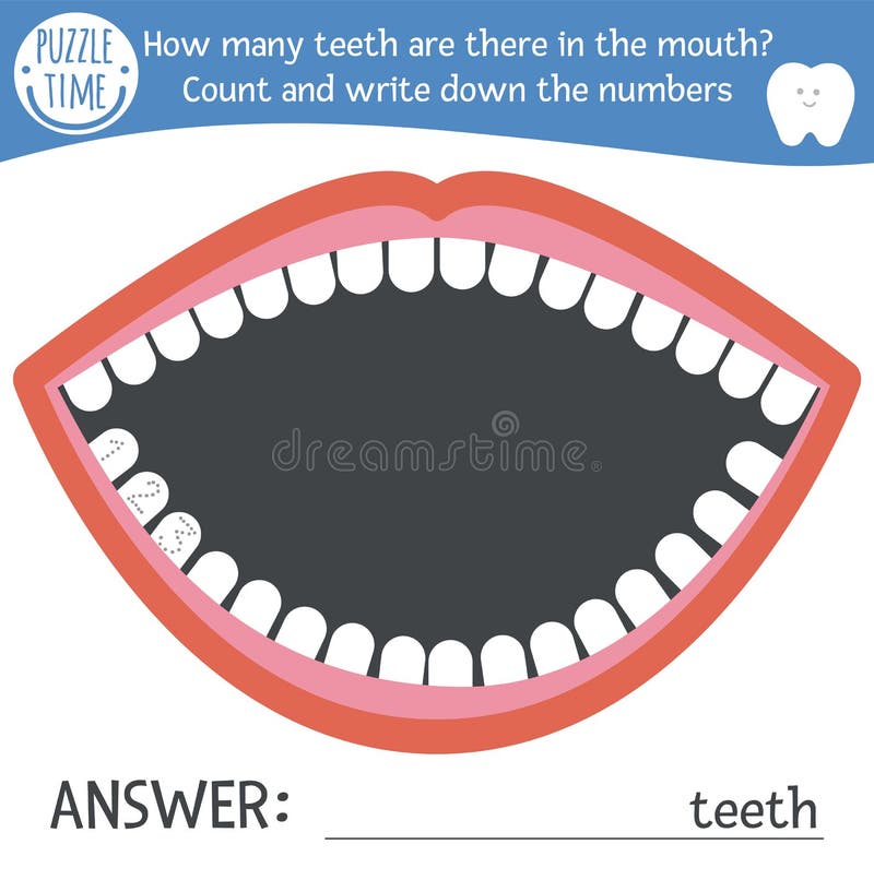 Dental care math game with cute characters. Dentist medicine mathematic maze activity for preschool children. How many teeth in. The mouth. Simple dentist game stock illustration