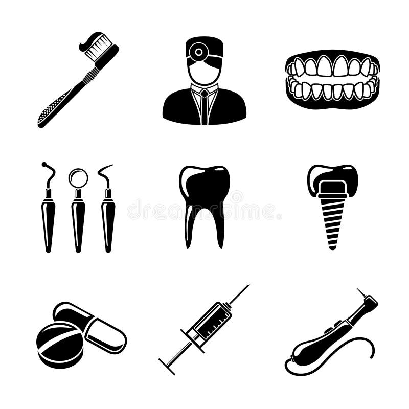 Dental icons set with - tooth, jaw, toothbrush. Dental icons set with - tooth and jaw, toothbrush and dentist tools, doctor, prosthesis, 