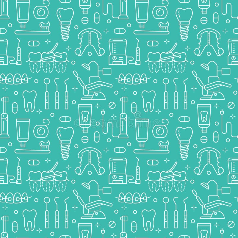 Dentist, orthodontics blue seamless pattern with line icons. Dental care, medical equipment, braces, tooth prosthesis. Floss, caries treatment, toothpaste stock illustration