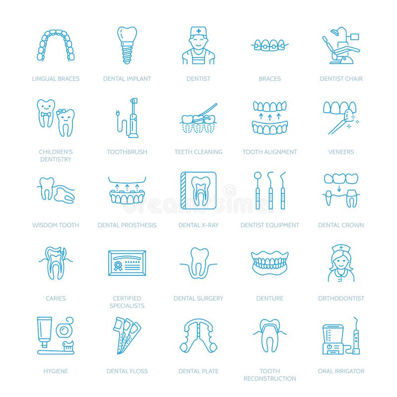 Dentist, orthodontics line icons. Dental care equipment, braces, tooth prosthesis, veneers, floss, caries treatment and. Other medical elements. Health care stock illustration