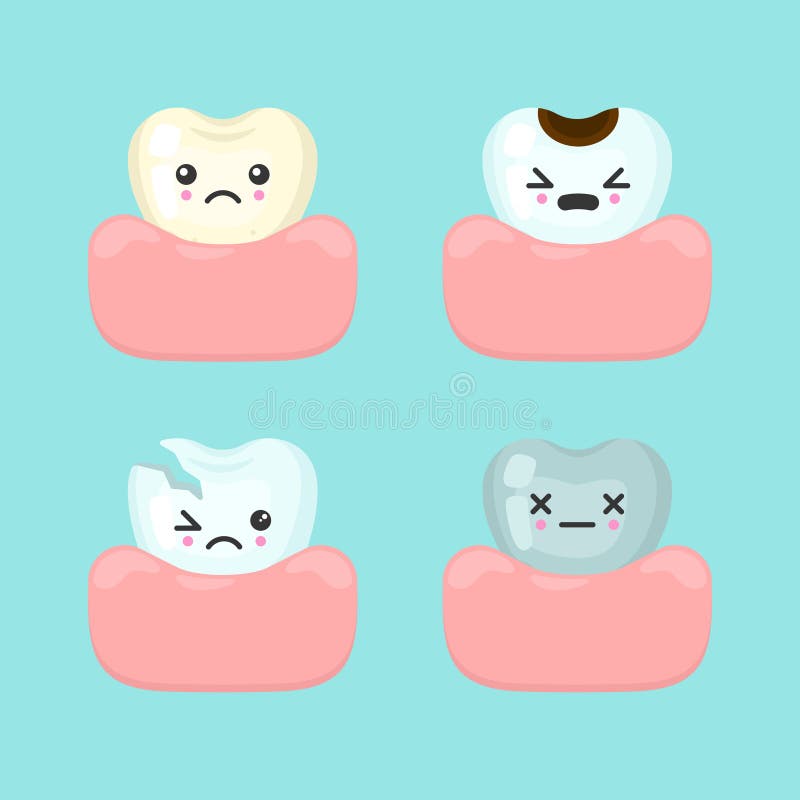 Different bad teeth - dirty, caries, broken, dead, dental stomatology vector concept. Cute cartoon vector teeth isolated illustration stock illustration