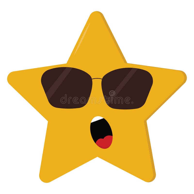 A dismayed five-pointed cartoon yellow star vector or color illustration. A five-pointed cartoon yellow star wears sunglasses expose white teeth and tongue while stock illustration