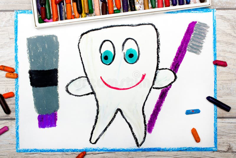 Drawing: smiling healthy tooth holding a toothpaste and a toothbrush. Photo of colorful drawing: smiling healthy tooth holding a toothpaste and a toothbrush stock photography