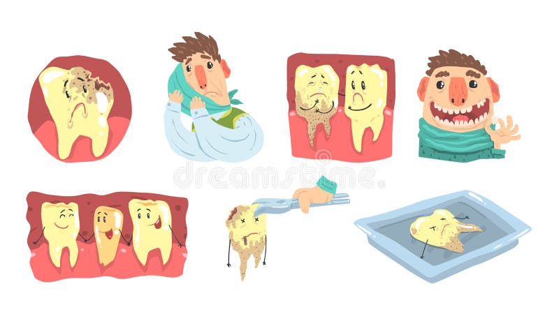 Funny Cartoon Humanized Sick And Healthy Teeth Illustration Set Isolated On White Background stock illustration