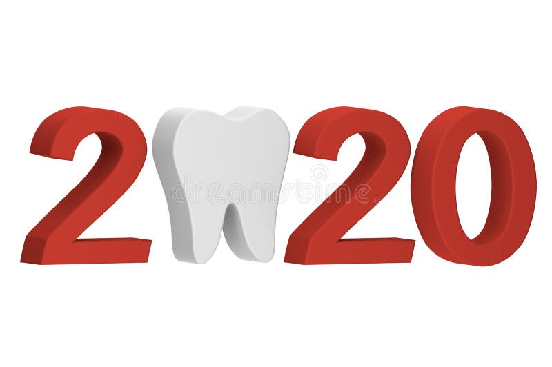 Happy New Year or Merry Christmas 2020, tooth with number isolated on white. Dental cartoon 3d render flat style cute character for design stock illustration