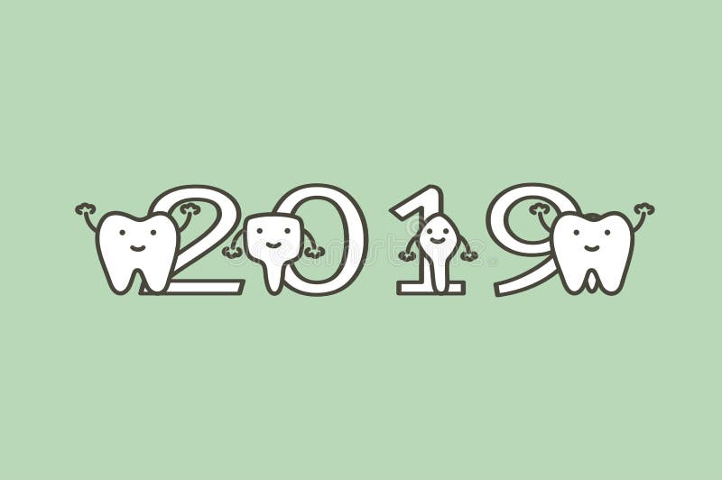 Happy New Year 2019, tooth with number. Dental cartoon vector flat style cute character for design royalty free illustration Happy New Year 2019, tooth with number. Dental cartoon vector flat style cute character for design royalty free illustration