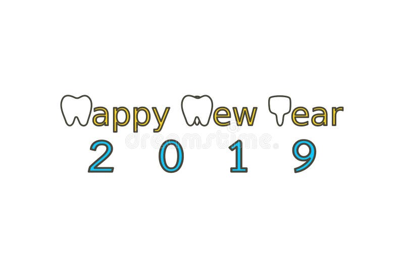 Happy New Year 2019, tooth with number. Dental cartoon vector flat style cute character for design stock illustration Happy New Year 2019, tooth with number. Dental cartoon vector flat style cute character for design stock illustration