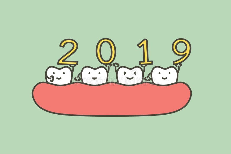 Happy New Year 2019, tooth with number. Dental cartoon vector flat style cute character for design royalty free illustration