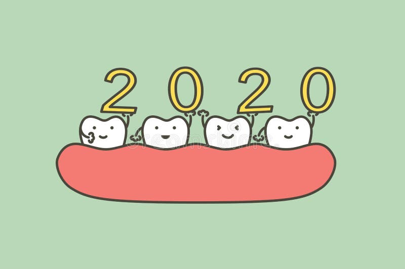 Happy New Year 2020, tooth with number. Dental cartoon vector flat style cute character for design stock illustration Happy New Year 2020, tooth with number. Dental cartoon vector flat style cute character for design stock illustration