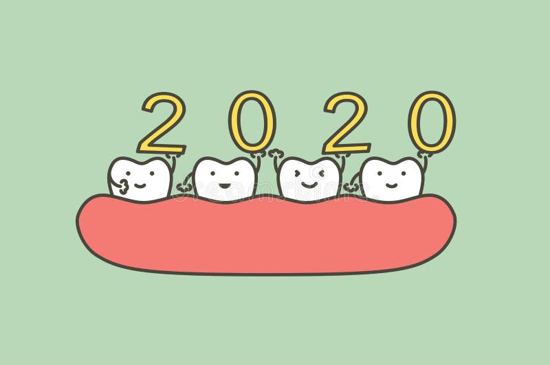 Happy New Year 2020, tooth with number. Dental cartoon vector flat style cute character for design stock illustration