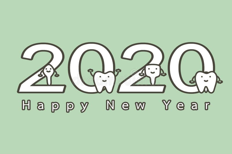 Happy New Year 2020, tooth with number and text. Dental cartoon vector flat style cute character for design vector illustration