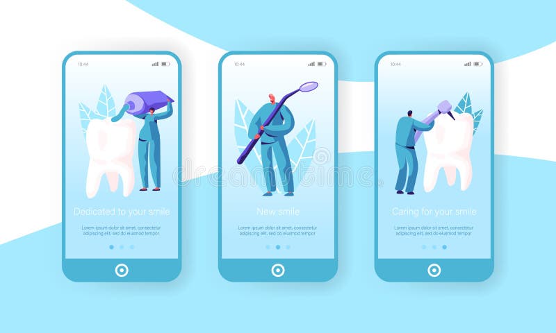 Healthy Medicine Hygiene Teeth Mobile App Page Onboard Screen Set. Dentist, Doctor Caries Medical Toothbrush and Toothpaste. Dental Website or Web Page. Flat vector illustration