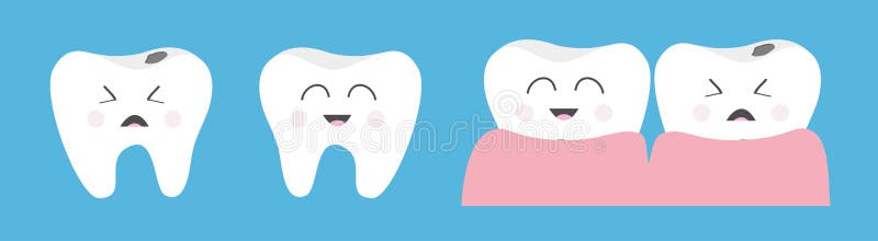 Healthy smiling tooth gum icon set line. Crying bad ill teeth caries care, gum. Cute cartoon kawaii funny character. Oral dental. Hygiene. Baby background. Flat stock illustration