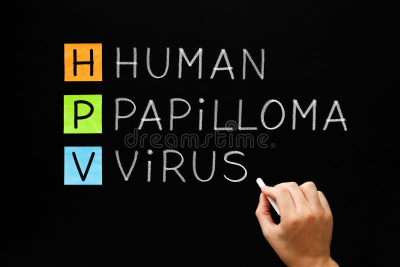 HPV - Human Papilloma Virus On Blackboard. Hand writing HPV - Human Papilloma Virus with white chalk on blackboard stock photo
