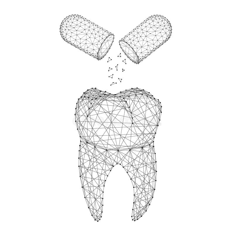 Human tooth and the substance of the open capsules pills treatment therapy cure existing medical concept from abstract futuristic. Polygonal black lines and stock illustration