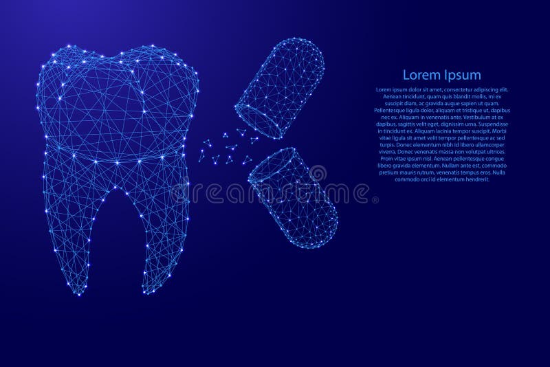 Human tooth and the substance of the open capsules pills treatment therapy cure existing medical concept from futuristic polygonal. Blue lines and glowing stars stock illustration