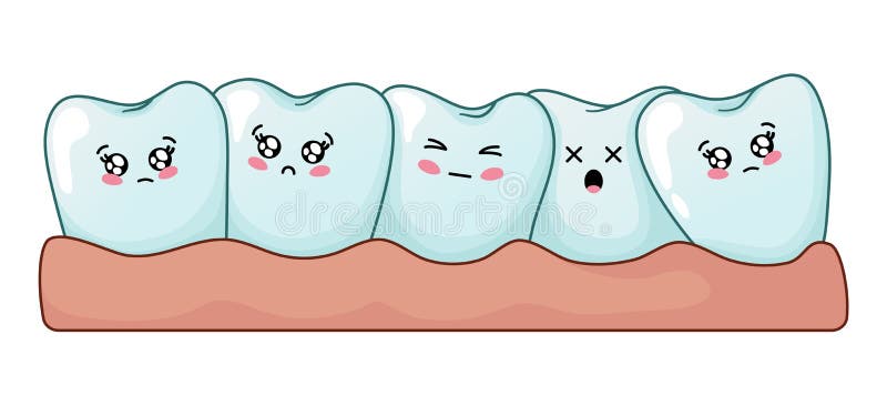 Kawaii dental care. Number of kawaii cartoon teeth together, problem of teeth curvature, sad cute characters on white background, concept of treatment, oral royalty free illustration Kawaii dental care. Number of kawaii cartoon teeth together, problem of teeth curvature, sad cute characters on white background, concept of treatment, oral royalty free illustration