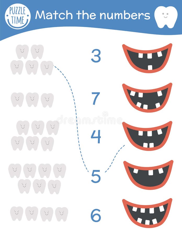 Matching game with teeth and mouth. Dental care math activity for preschool children. Dentist clinic counting worksheet. Educational riddle with cute funny royalty free illustration Matching game with teeth and mouth. Dental care math activity for preschool children. Dentist clinic counting worksheet. Educational riddle with cute funny royalty free illustration