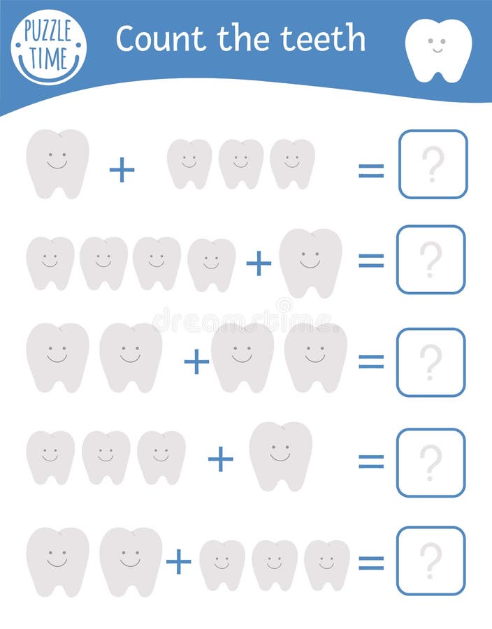 Math game with teeth. Dental care mathematic activity for preschool children. Printable counting worksheet. Educational addition. Riddle with cute funny royalty free illustration Math game with teeth. Dental care mathematic activity for preschool children. Printable counting worksheet. Educational addition. Riddle with cute funny royalty free illustration
