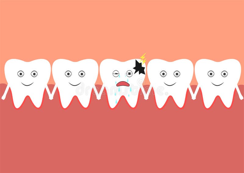 A number of teeth in the oral cavity, one of which is sick vector illustration