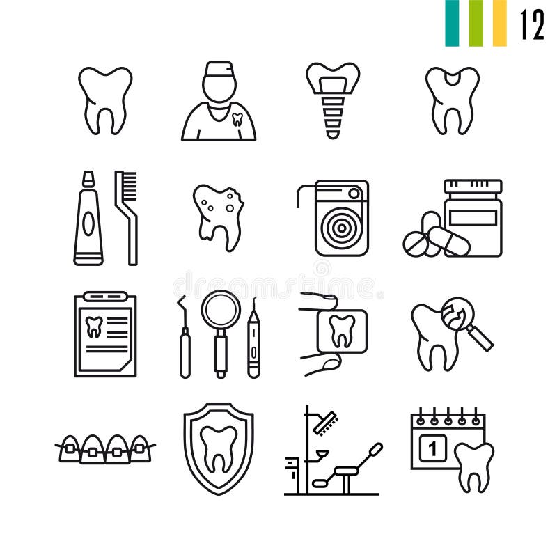 Outline set of dental icons. Outline set of vector set of dental icons. Teeth, tools, treatment, professional health care, orthodontics, implants. Set of symbols stock illustration