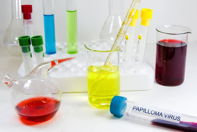 Papilloma virus blood test tube samples, chemical elements and laboratory instruments on the white background. Diagnoses and research stock photography