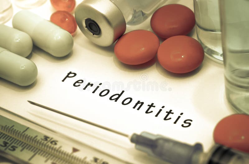 Periodontitis. Diagnosis written on a white piece of paper. Syringe and vaccine with drugs stock photography Periodontitis. Diagnosis written on a white piece of paper. Syringe and vaccine with drugs stock photography