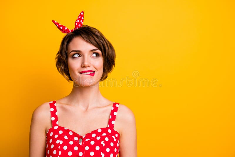 Portrait of cheerful interested girl look copyspace dream about incredible summer holidays weekends bite lips teeth wear. Portrait of cheerful interested girl royalty free stock photography