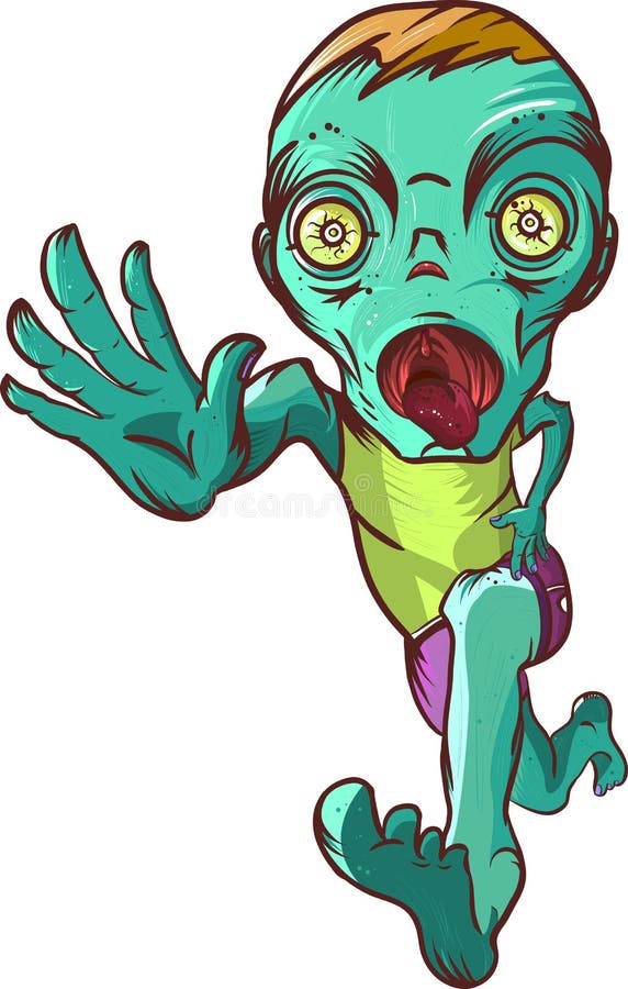 Running zombie. Running zombies ahead arm exposed and hanging out of his mouth language. On a white background stock illustration