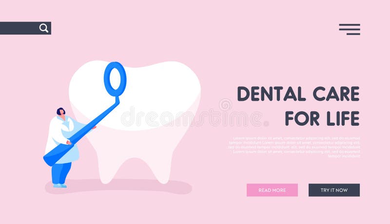 Stomatology Clinic, Dentistry Occupation, Caries Prevention or Treatment Landing Page Template. Tiny Dentist Doctor Character Hold Stomatological Mirror Care vector illustration