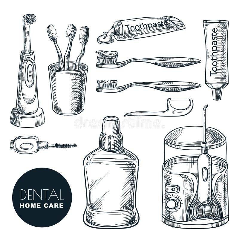 Teeth and mouth home care supplies set. Hand drawn sketch vector illustration. Dental hygiene and prevention of caries. And periodontal disease. Oral treatment royalty free illustration