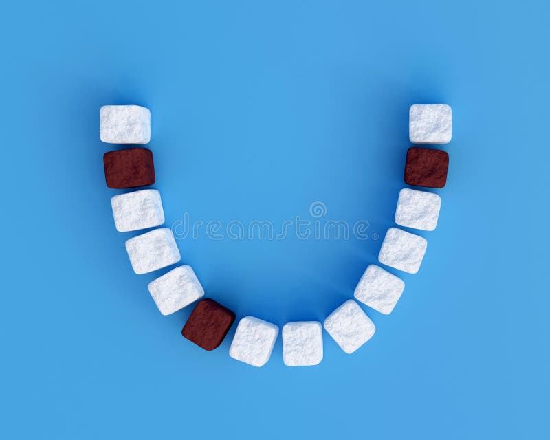 Teeth from sugar cubes on blue background, some brown sugar teeth, concept for sweet tooth, caries. Sugar is the cause of tooth. Decay. 3d render stock illustration